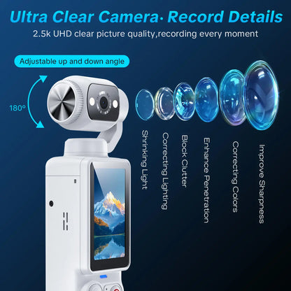 Q7 Rotating Lens 2.5K 100 MP Action Video Camera with Memory Card, White
