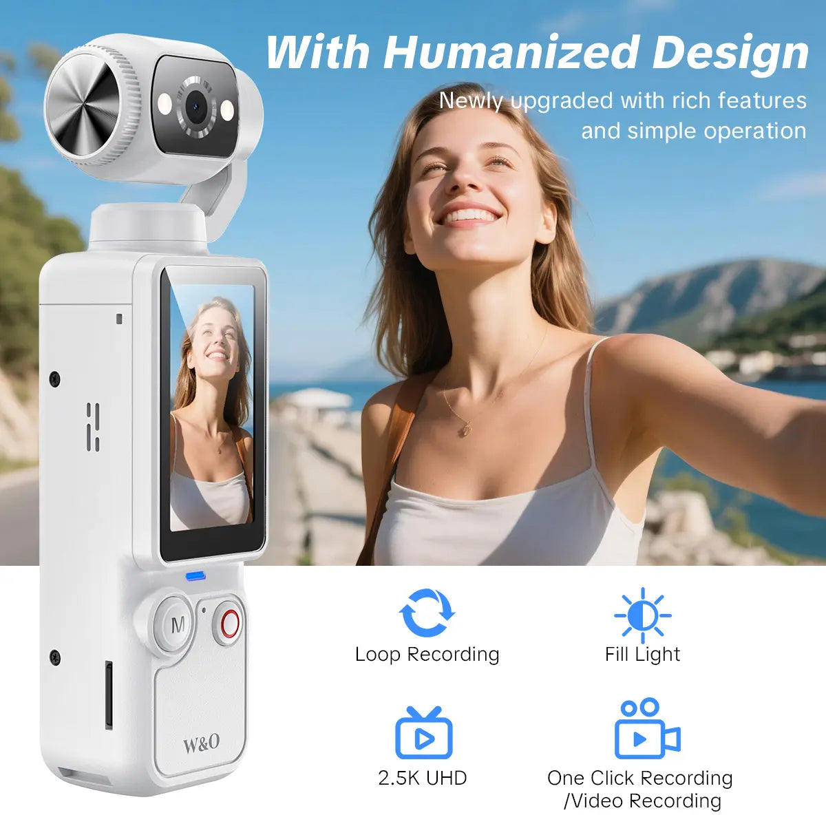 Q7 Rotating Lens 2.5K 100 MP Action Video Camera with Memory Card, White